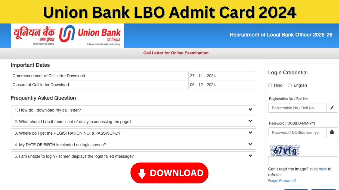 Union Bank LBO Admit Card 2024